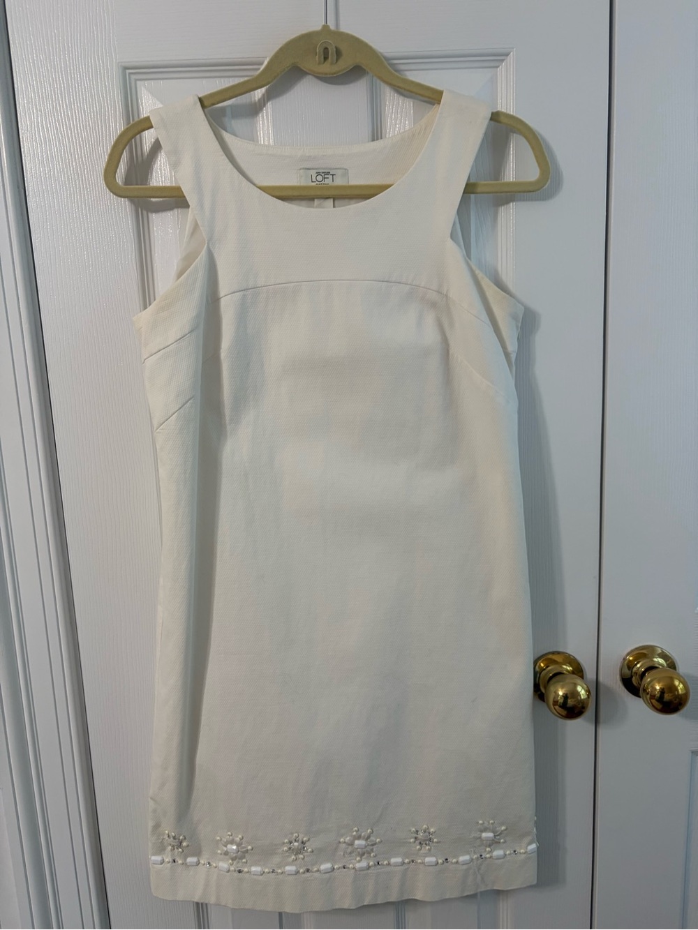 LOFT White Sleeveless Shift Dress with Embellished Hem